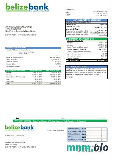 Belize Bank Belizebank wyciąg z kredytu hipotecznego szablon Word i PDF